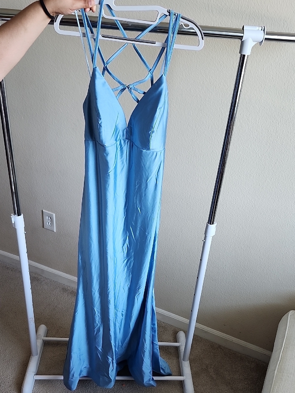 Camille La Vie Sky Blue Satin Maxi Dress with Strappy Crisscross Back